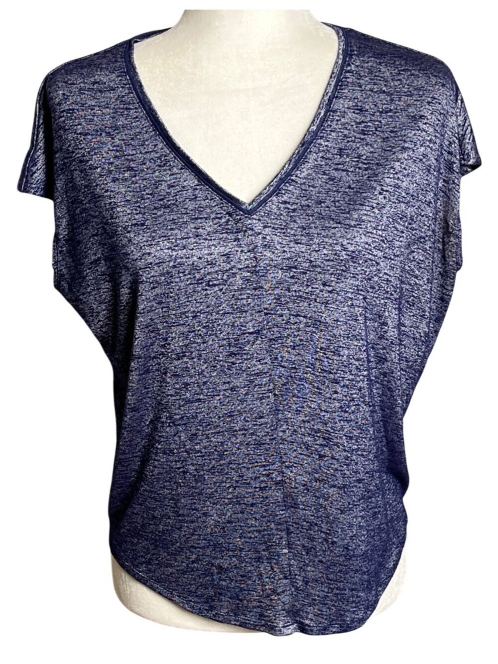 Casual Relaxed Top Navy Silver V-neck Dolman Oversize Tshirt Yoga WHBM Womens XS